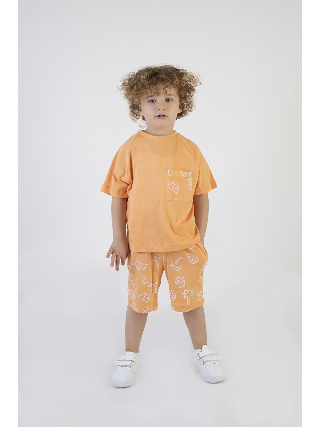 Erkek Çocuk Palmiye Baskılı Turuncu Renk Kısa Kollu Şortlu Alt Üst Takım-1