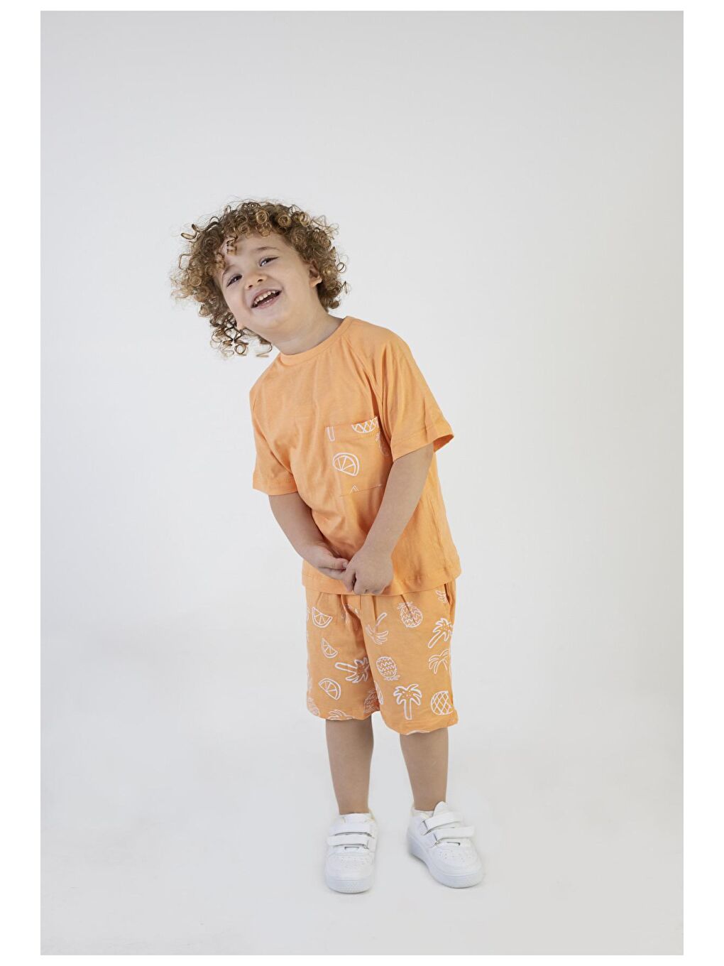 Erkek Çocuk Palmiye Baskılı Turuncu Renk Kısa Kollu Şortlu Alt Üst Takım-2