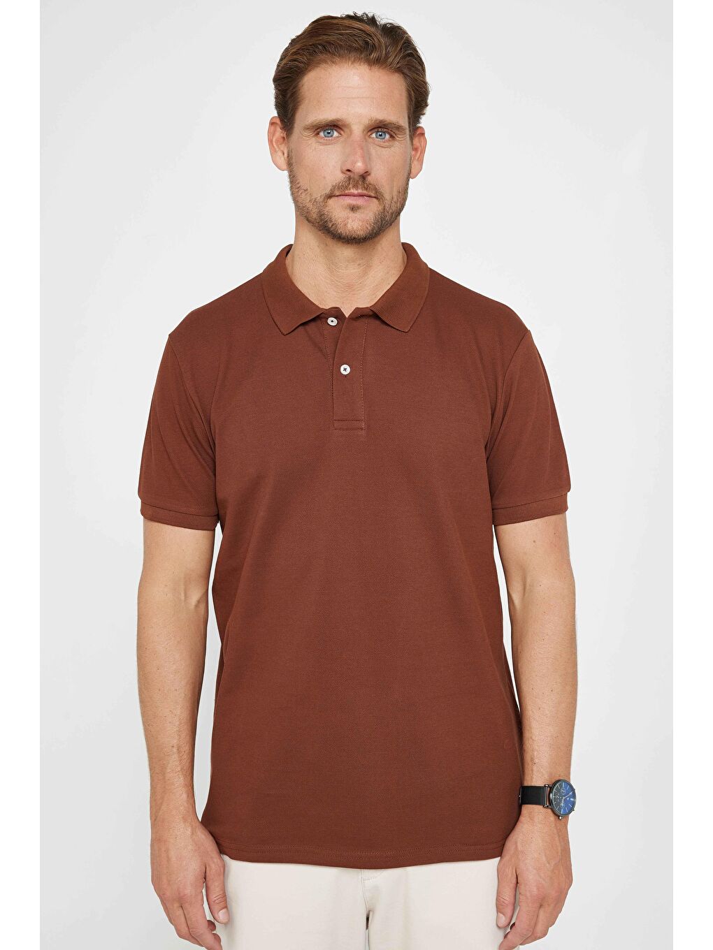 Erkek Klasik Fit Rahat Kesim %100 Pamuk Düz Pike Kahverengi Polo Yaka Tişört-1