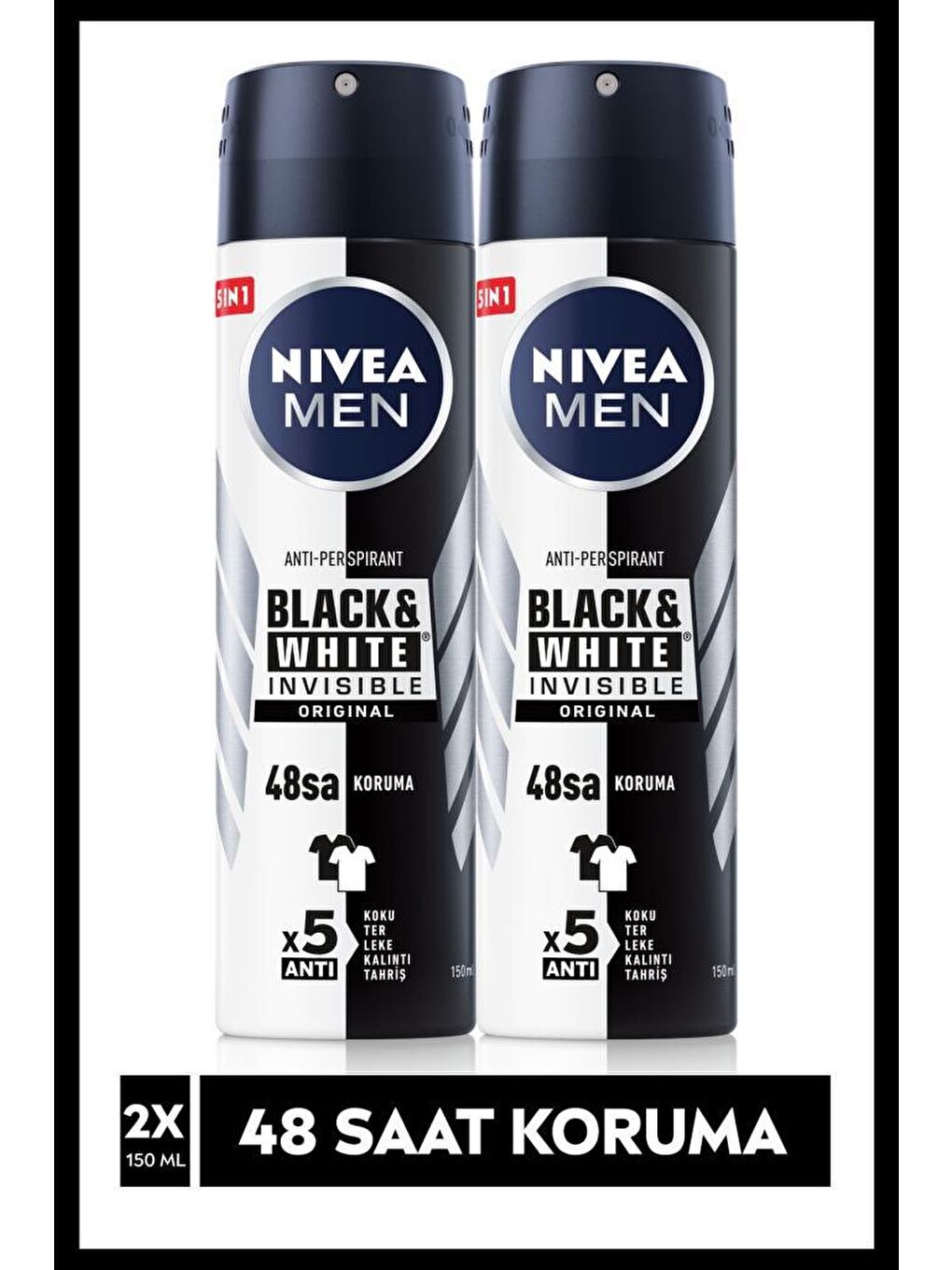 NIVEA Şeffaf Men Black&White Invisible Original Erkek Sprey Deodorant 150 ml x2 Adet, 48 Saat Anti-Perspirant