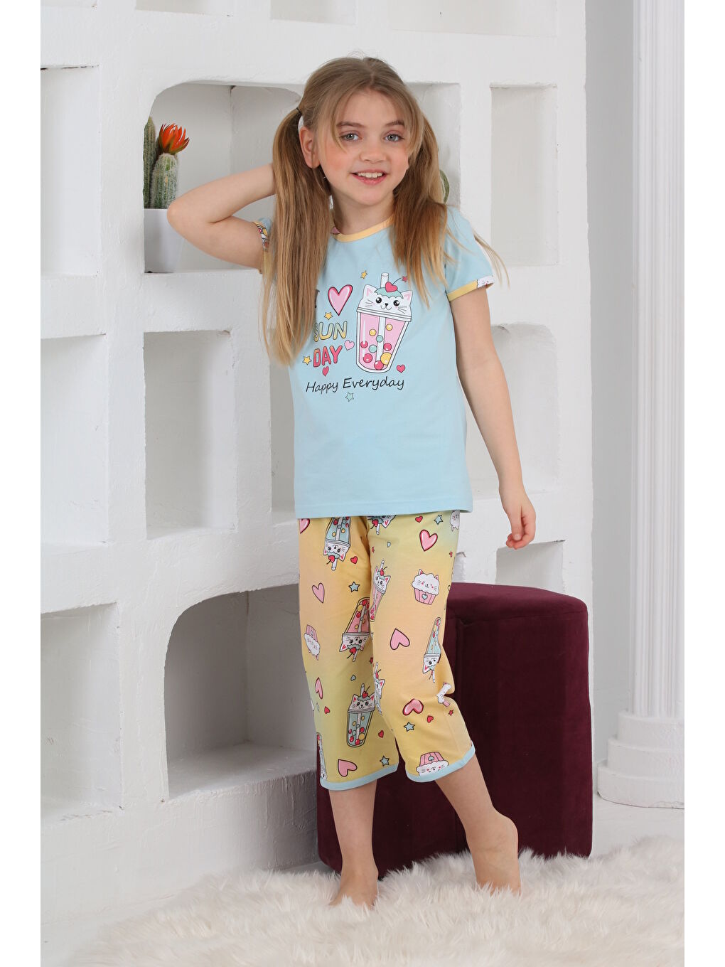 Kapi Kids Mavi Kız Çocuk Kaprili-Baskılı Pijama Takımı 3-11 Yaş Mnx 6083-84