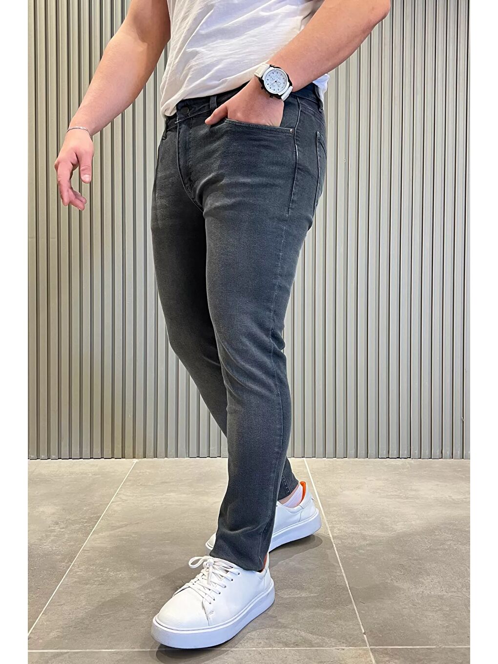 Gri Erkek Elastanlı Jean Pantolon
