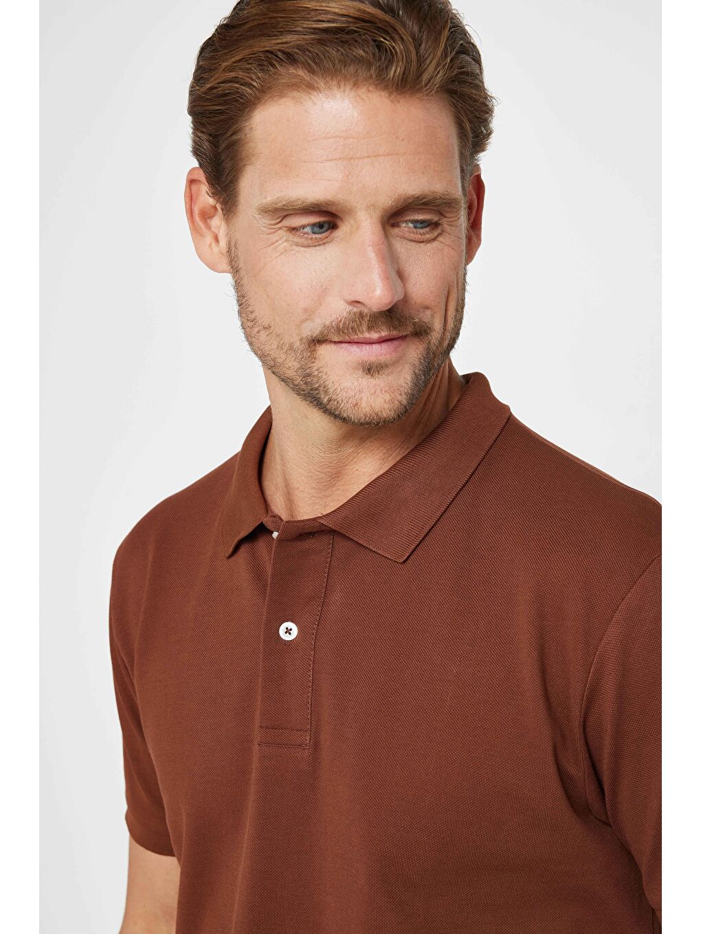 Erkek Klasik Fit Rahat Kesim %100 Pamuk Düz Pike Kahverengi Polo Yaka Tişört-2