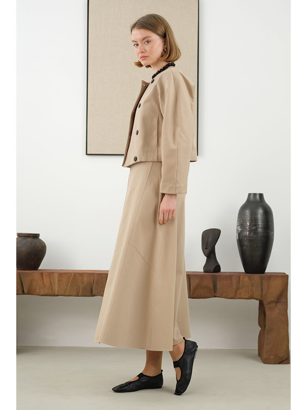 Bej Çok Parçalı Çan Etek Mat Vizon-1