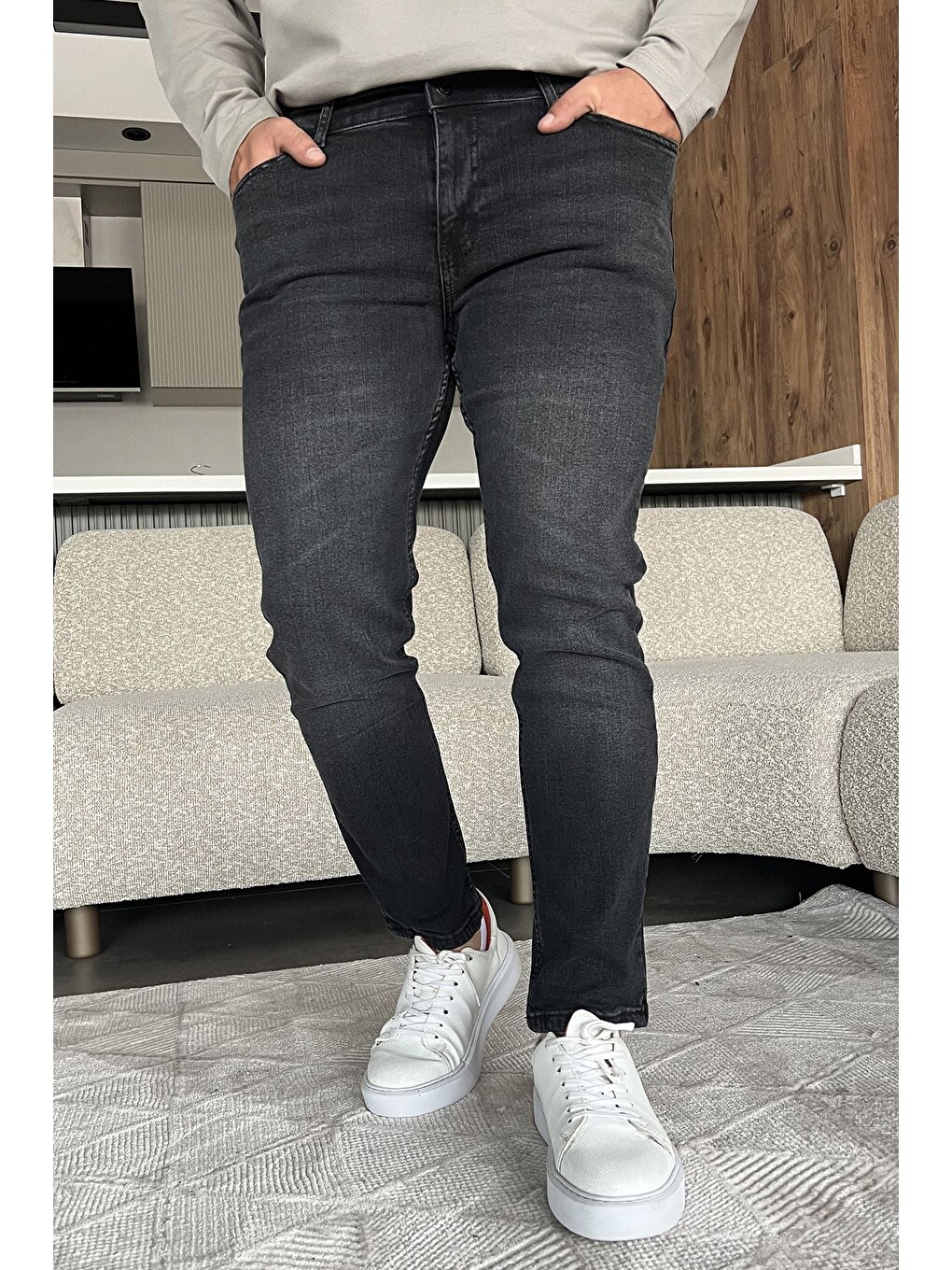 Gri Erkek Elastanlı Jean Pantolon