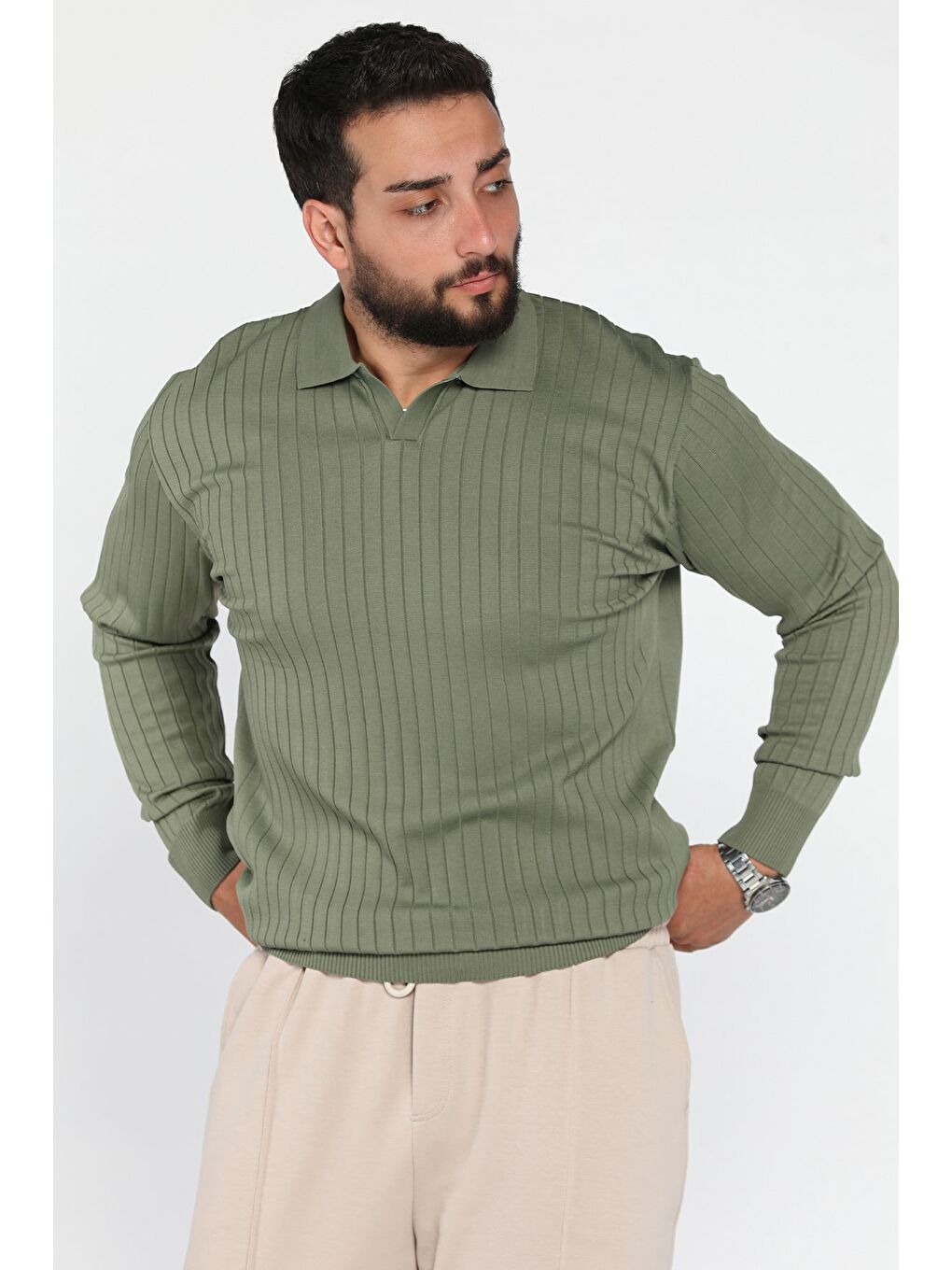 Haki Erkek Polo Yaka Triko Kazak-1