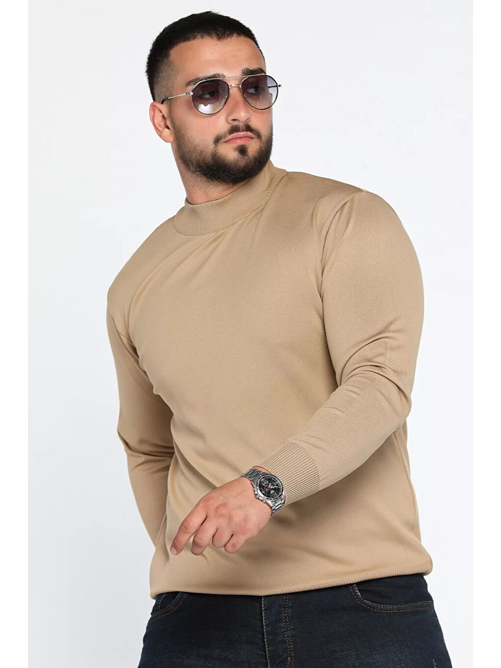 Ekru Erkek Yarım Balıkçı Triko Kazak