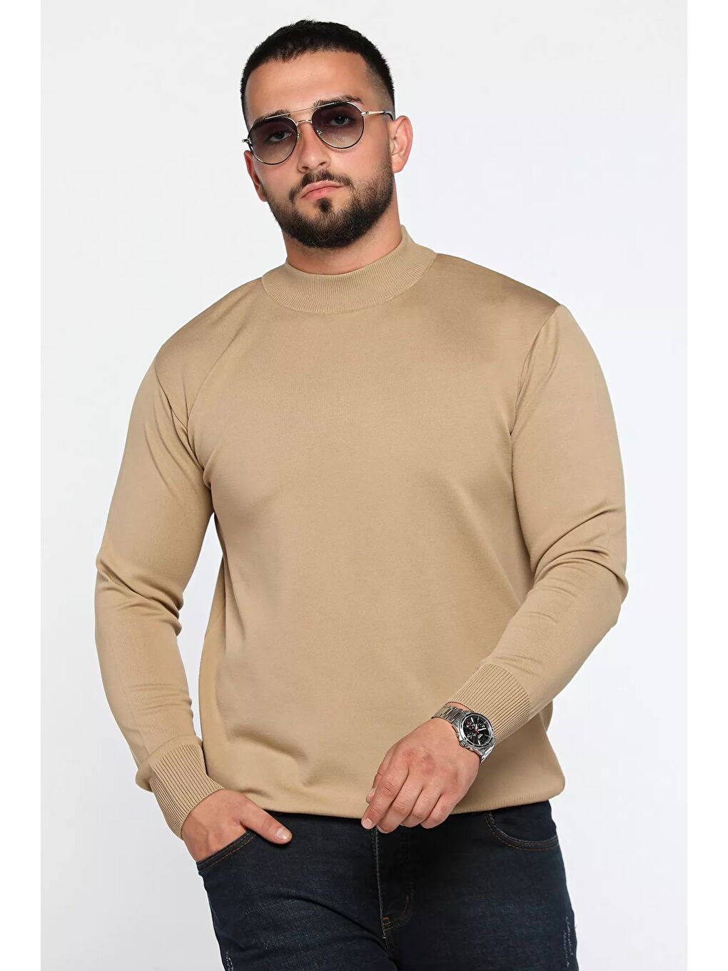 Ekru Erkek Yarım Balıkçı Triko Kazak-1