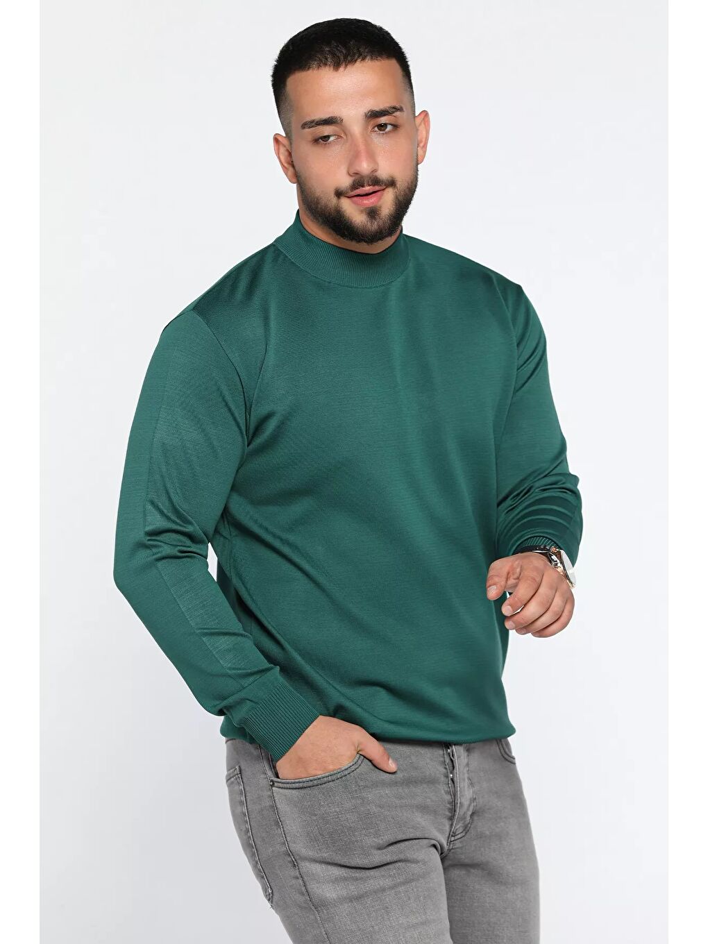 Yeşil Erkek Yarım Balıkçı Triko Kazak-1