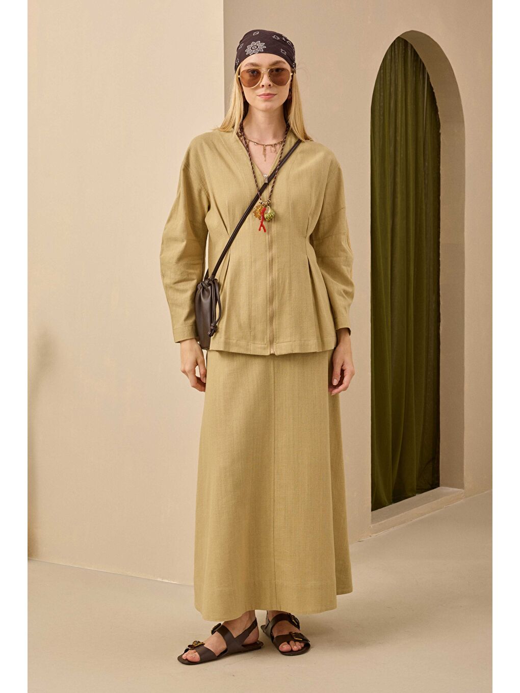 Kahverengi Pamuk Keten Etek Açık Camel-2