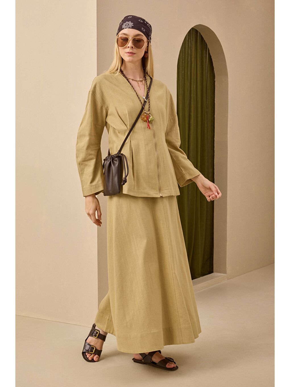 Kahverengi Pamuk Keten Etek Açık Camel-3