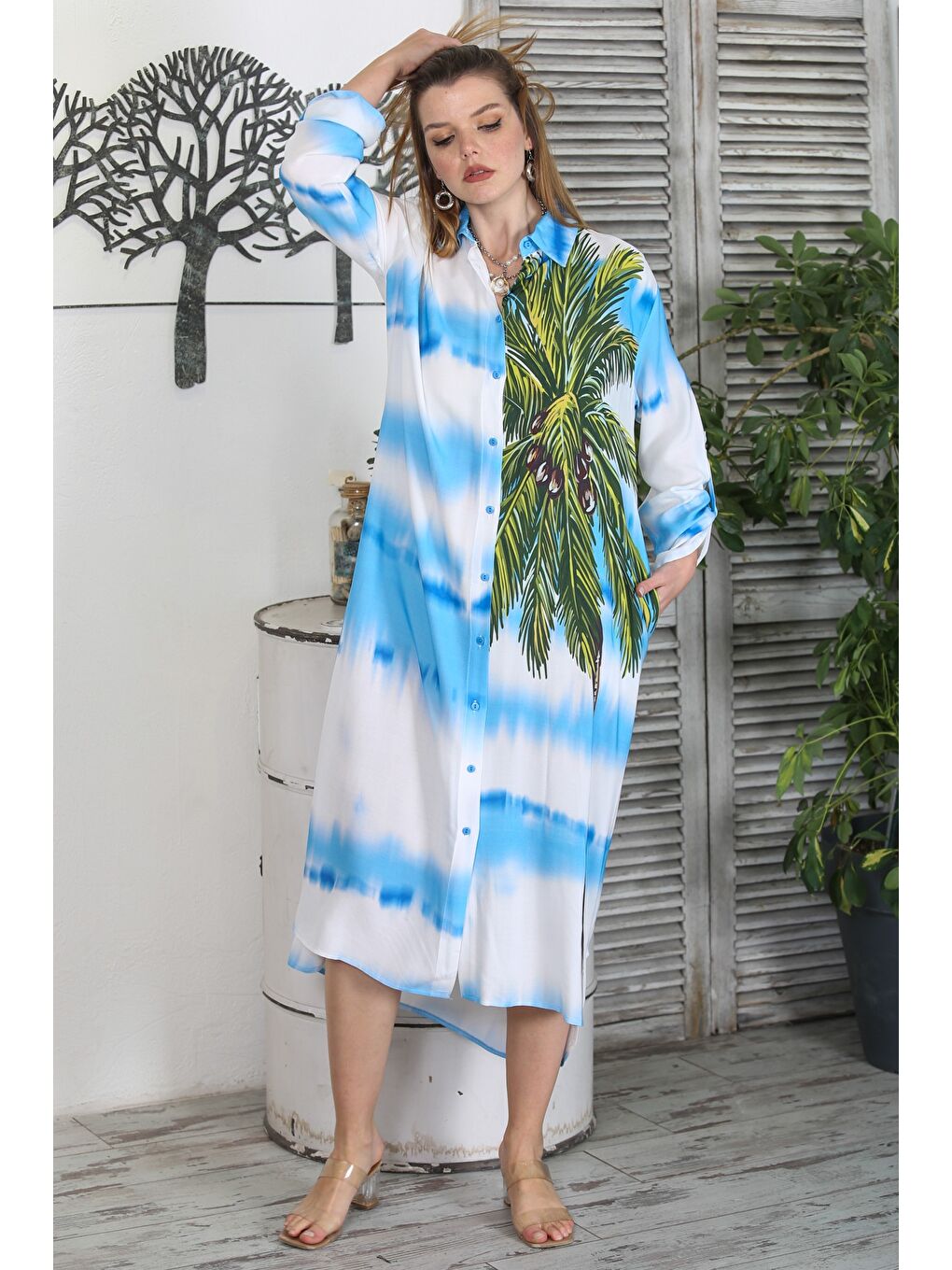 Mavi Gömlek Yaka Düğmeli Uzun Kollu Gizli Cepli Baskılı Casual Dokuma Elbise