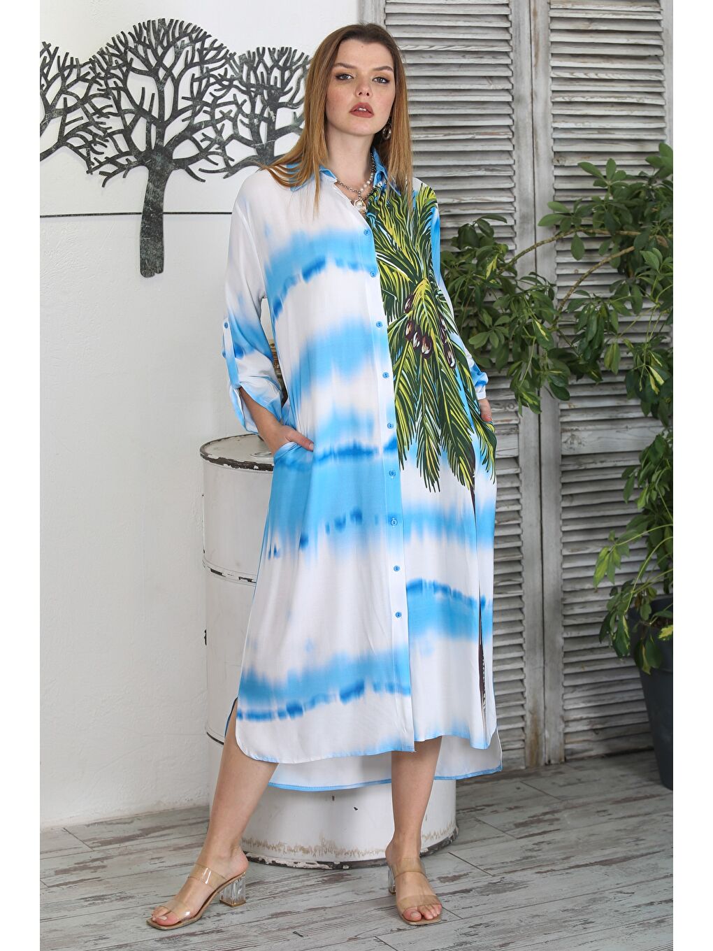 Mavi Gömlek Yaka Düğmeli Uzun Kollu Gizli Cepli Baskılı Casual Dokuma Elbise-1