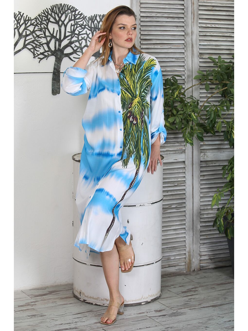 Mavi Gömlek Yaka Düğmeli Uzun Kollu Gizli Cepli Baskılı Casual Dokuma Elbise-2