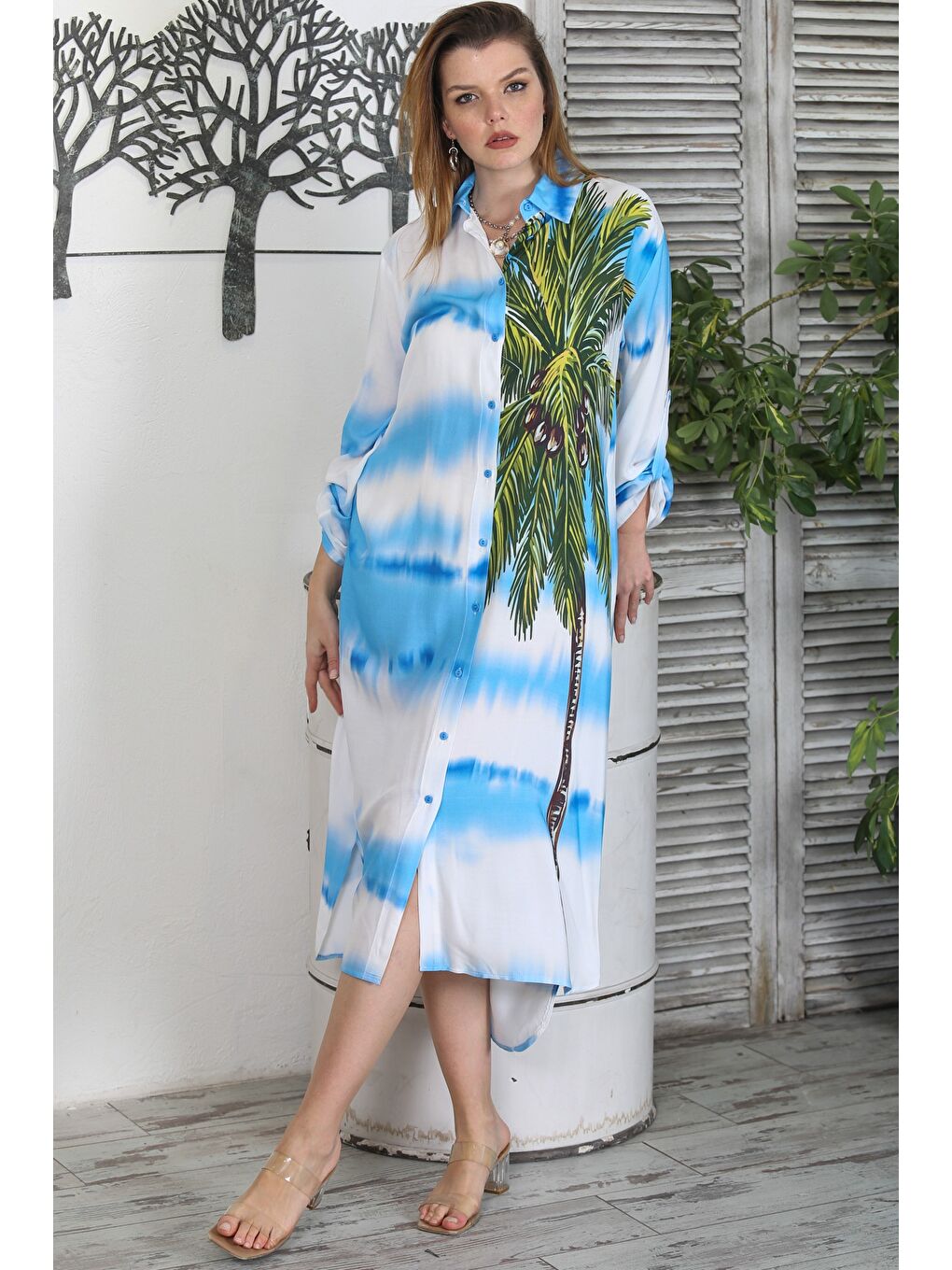 Mavi Gömlek Yaka Düğmeli Uzun Kollu Gizli Cepli Baskılı Casual Dokuma Elbise-3