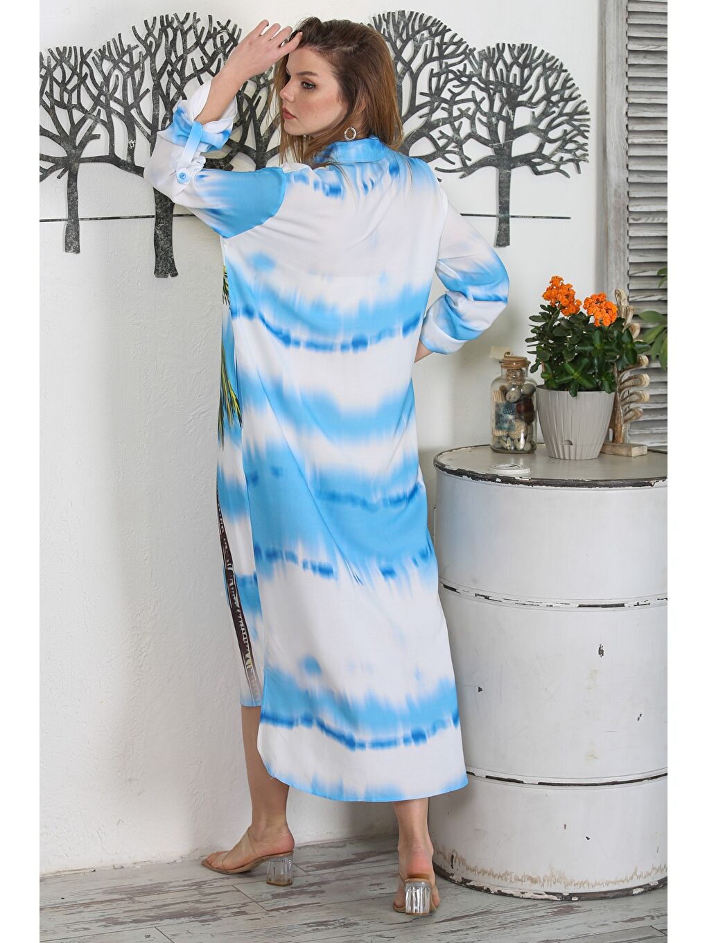 Mavi Gömlek Yaka Düğmeli Uzun Kollu Gizli Cepli Baskılı Casual Dokuma Elbise-6