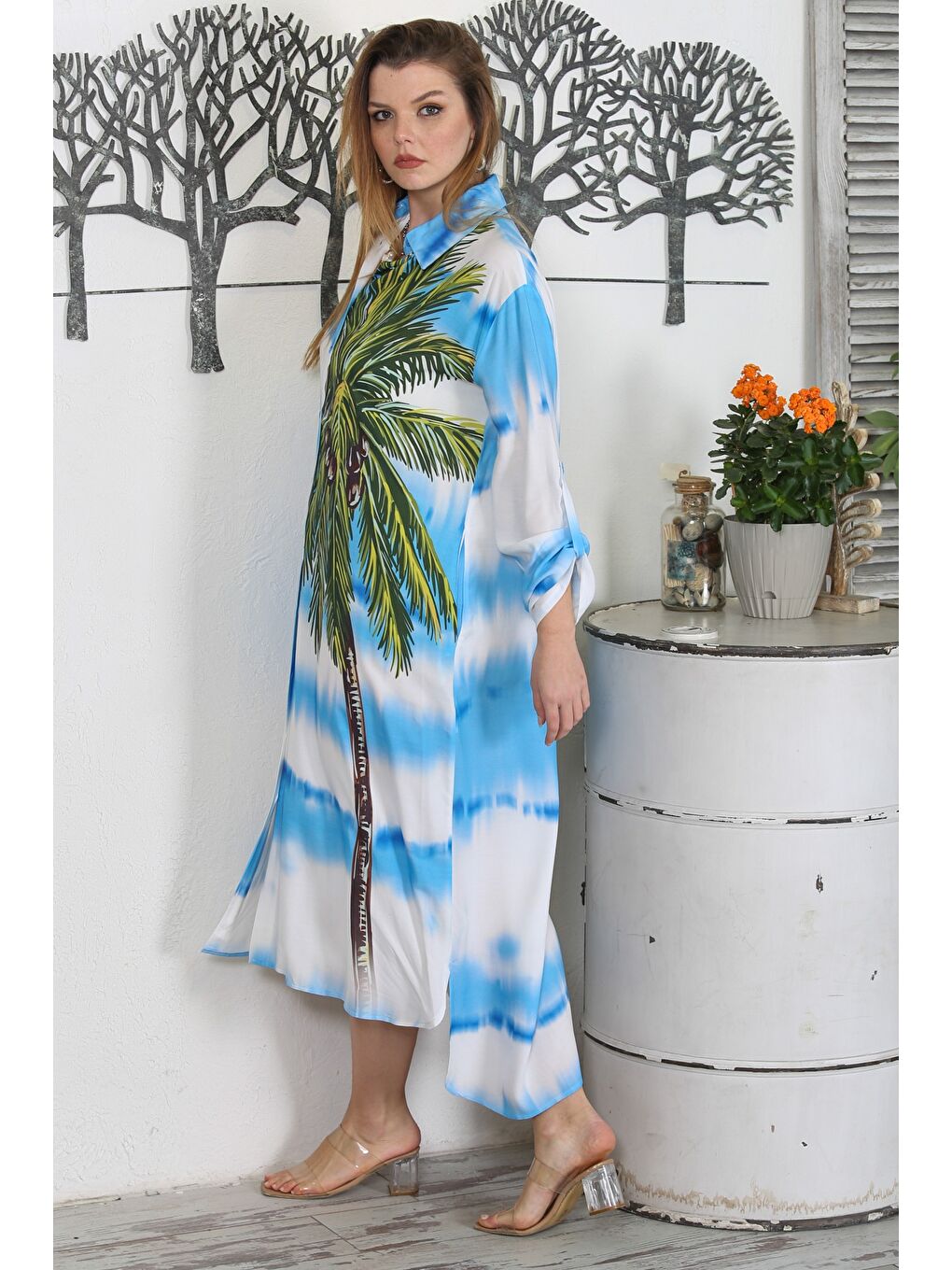 Mavi Gömlek Yaka Düğmeli Uzun Kollu Gizli Cepli Baskılı Casual Dokuma Elbise-7