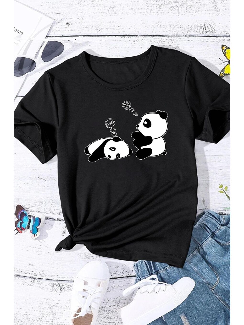 uyguntarz Siyah Çocuk Sleep Panda Baskılı Pamuklu Tshirt