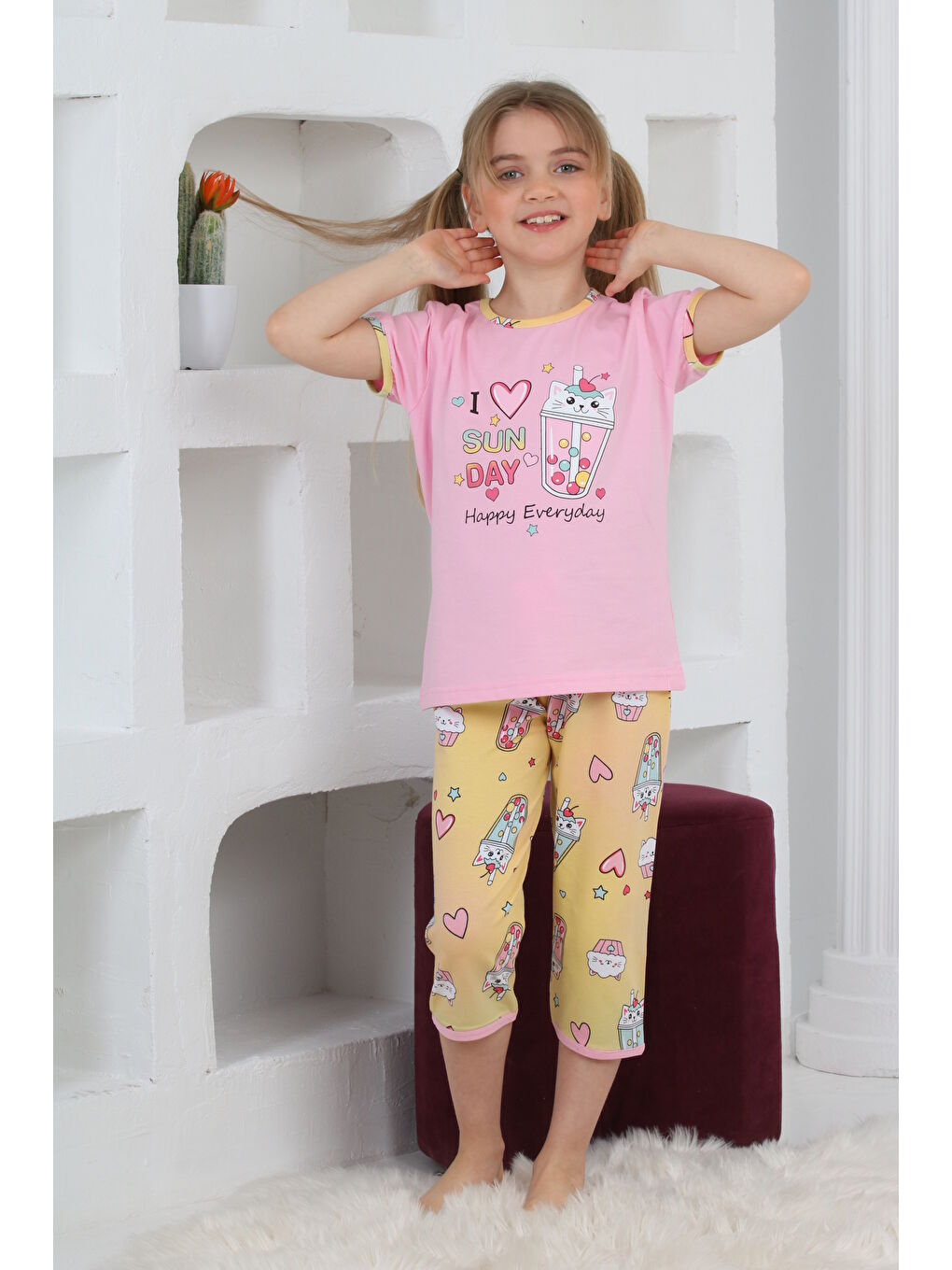 Kapi Kids Pembe Kız Çocuk Kaprili-Baskılı Pijama Takımı 3-11 Yaş Mnx 6083-84