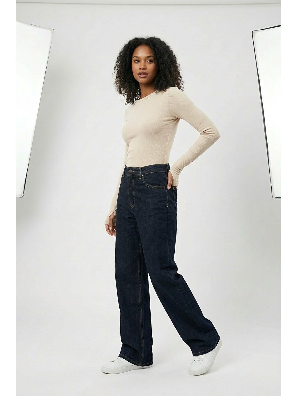 Bej Kadın Uzun Kollu Basic Body Esnek Pamuklu Slim Fit Günlük Bluz-1