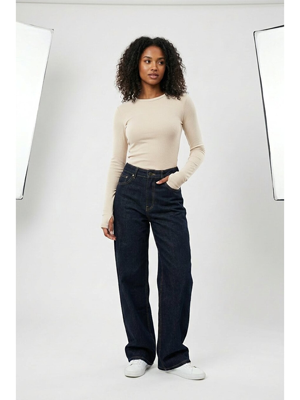 Bej Kadın Uzun Kollu Basic Body Esnek Pamuklu Slim Fit Günlük Bluz-2