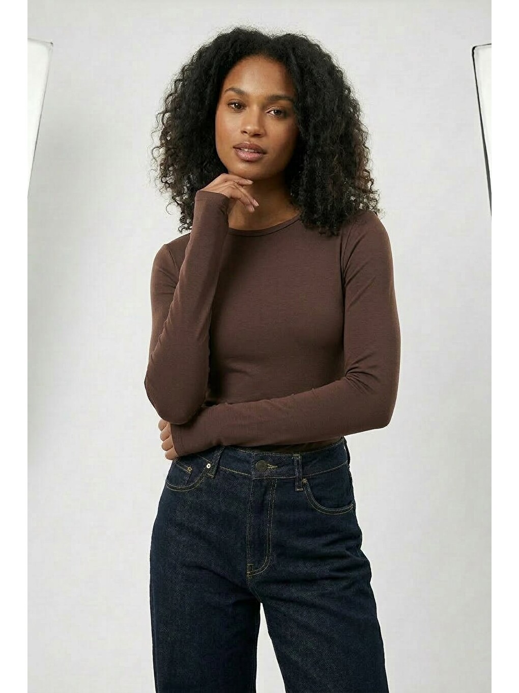 Kahverengi Kadın Uzun Kollu Basic Body Esnek Pamuklu Slim Fit Günlük Bluz