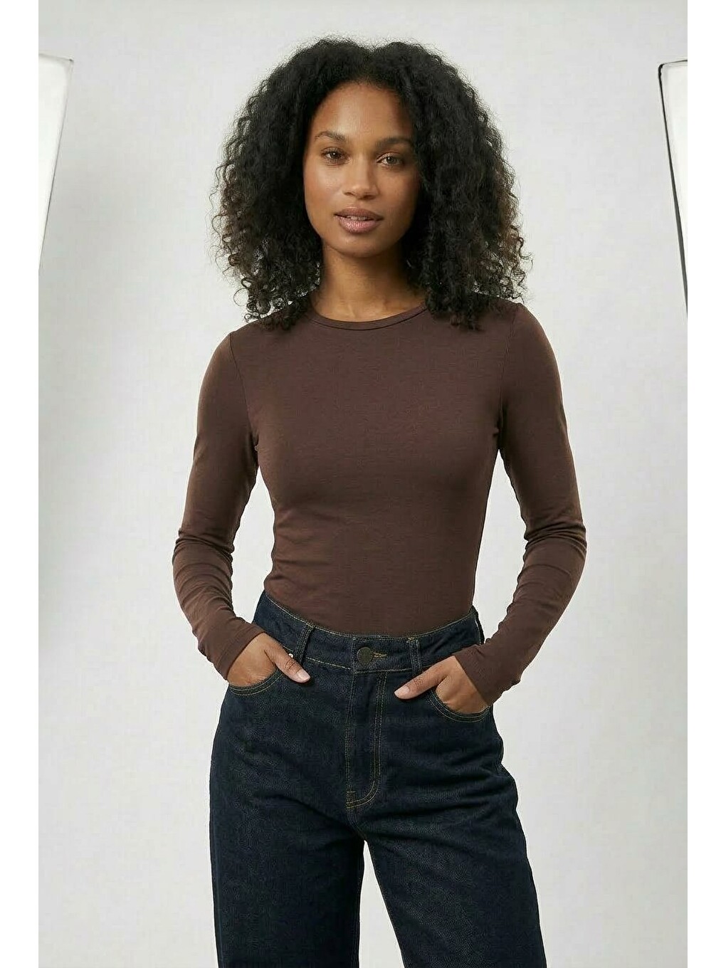 Kahverengi Kadın Uzun Kollu Basic Body Esnek Pamuklu Slim Fit Günlük Bluz-1