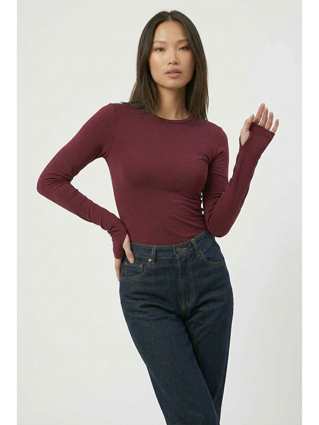 Bordo Kadın Uzun Kollu Basic Body Esnek Pamuklu Slim Fit Günlük Bluz-1