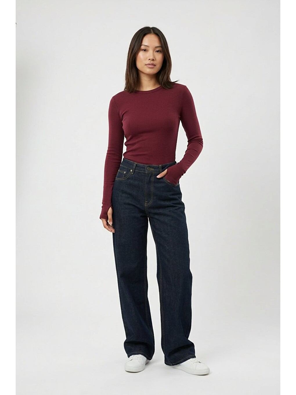 Bordo Kadın Uzun Kollu Basic Body Esnek Pamuklu Slim Fit Günlük Bluz-2