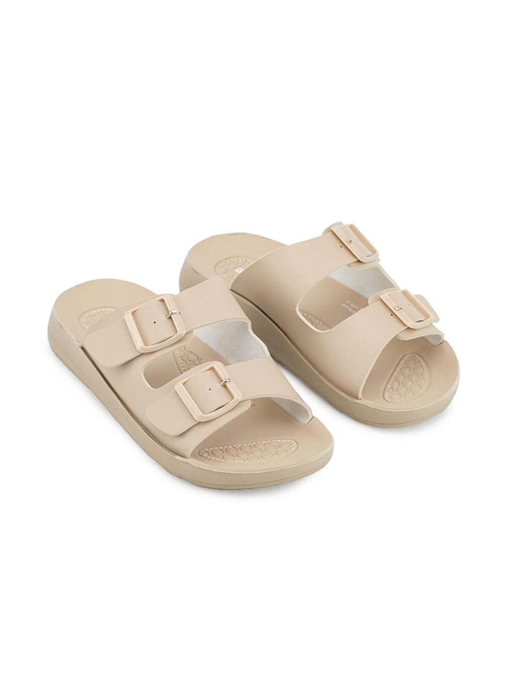 Bej Yazlık Kadın Rahat Taban Suni Deri Çift Toka Ayarlanabilir Günlük Terlik-2