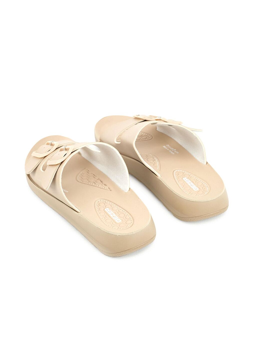 Bej Yazlık Kadın Rahat Taban Suni Deri Çift Toka Ayarlanabilir Günlük Terlik-3
