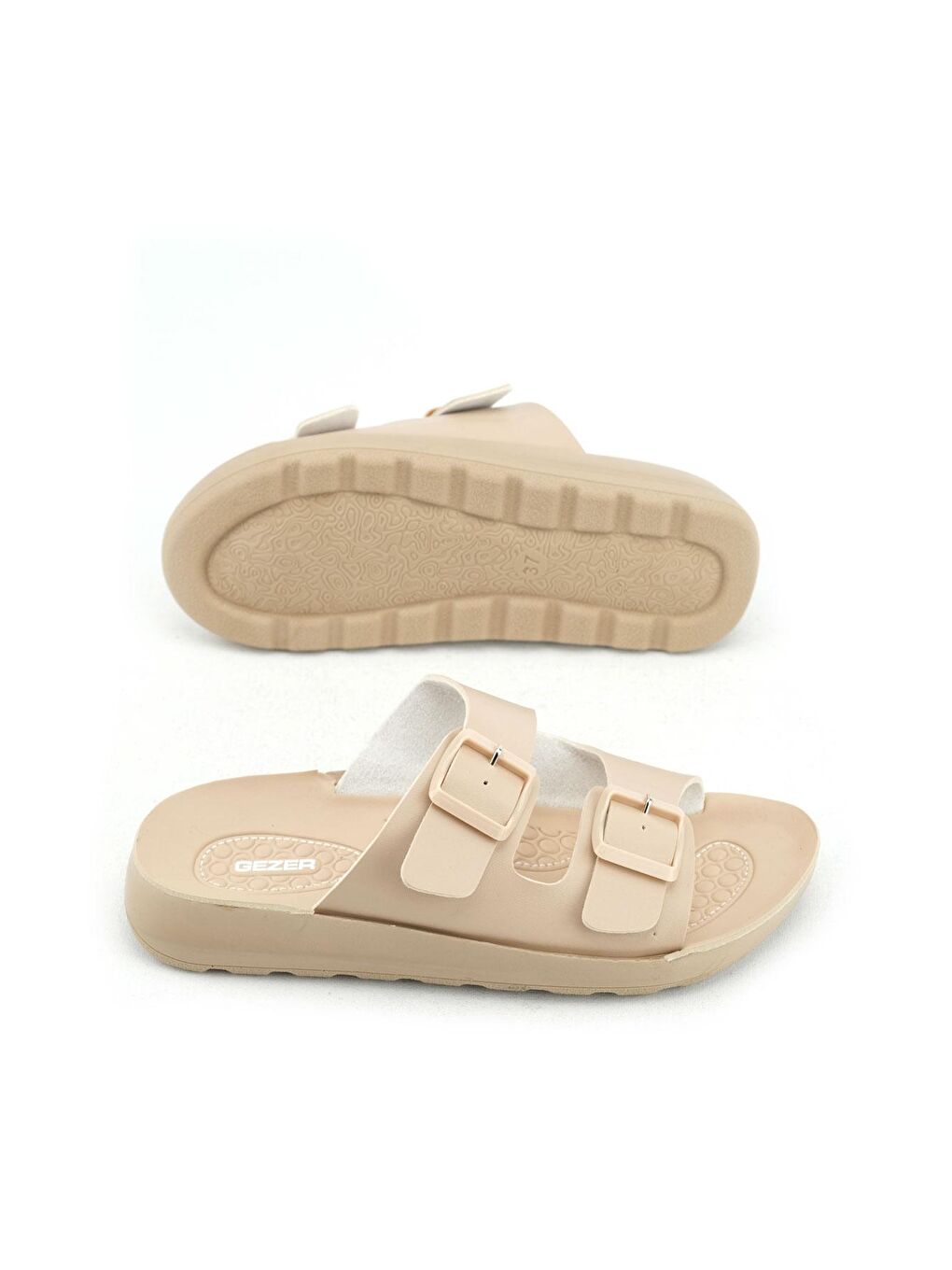 Bej Yazlık Kadın Rahat Taban Suni Deri Çift Toka Ayarlanabilir Günlük Terlik-4