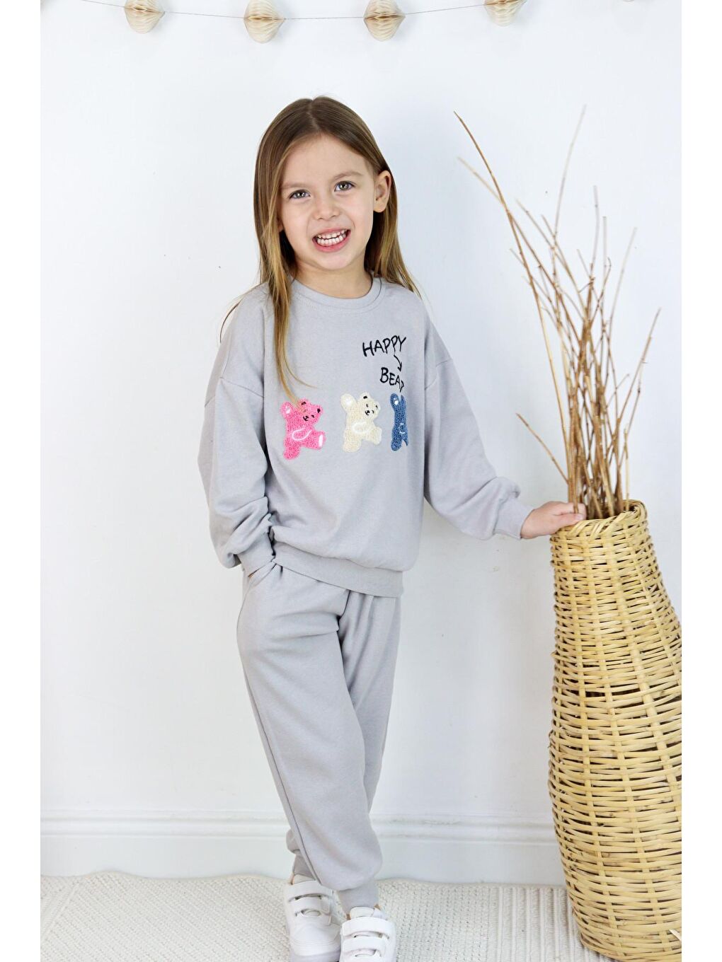 Harika KIDS Gri Kız-Erkek (Unisex) Çocuk İnterlok Kumaş Orta Kalınlıkta Nakışlı-Baskılı Örme Basic Eşofman Takımı