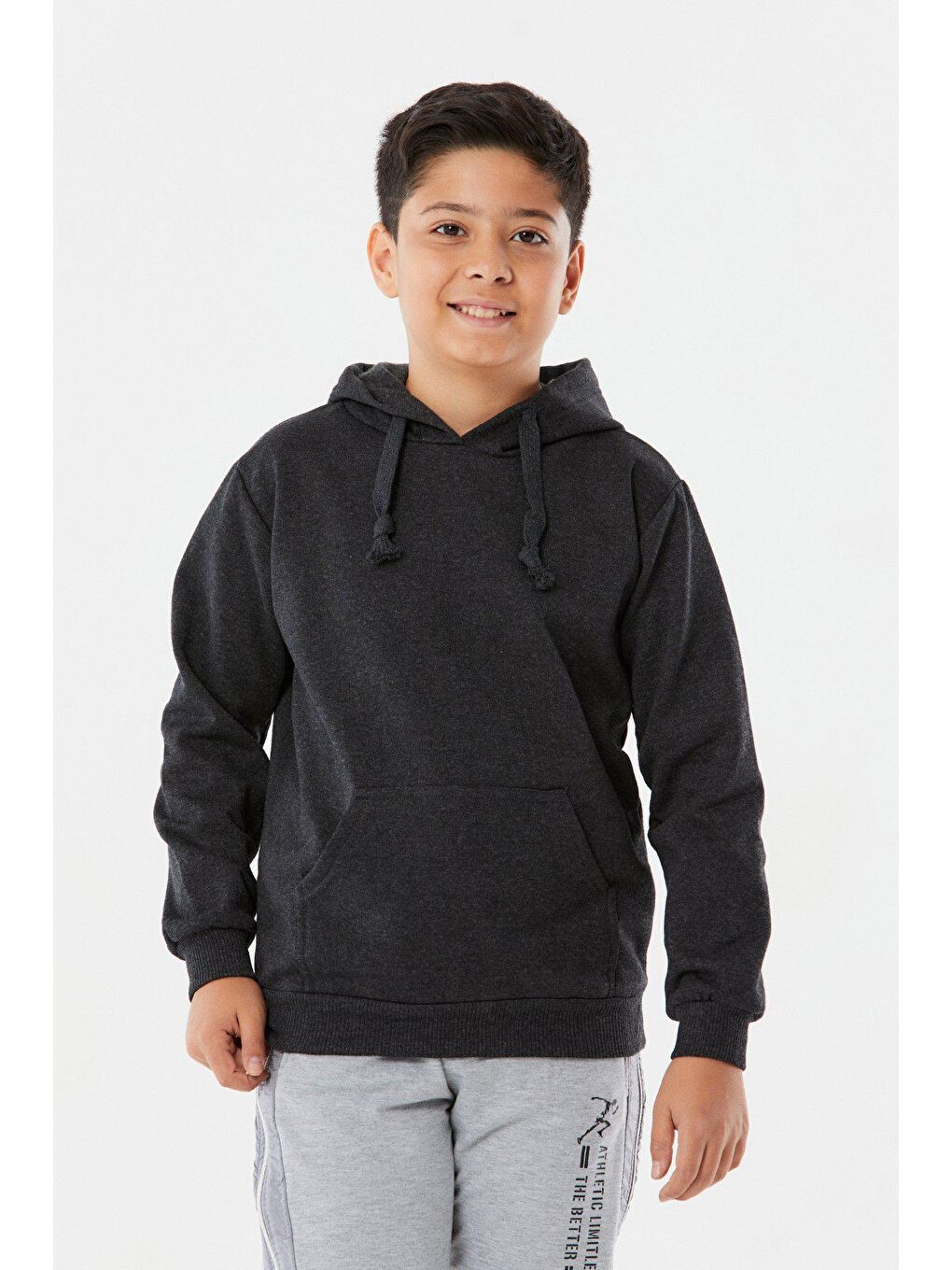 Antrasit Kanguru Cepli Kapüşonlu Erkek Çocuk Sweatshirt-1