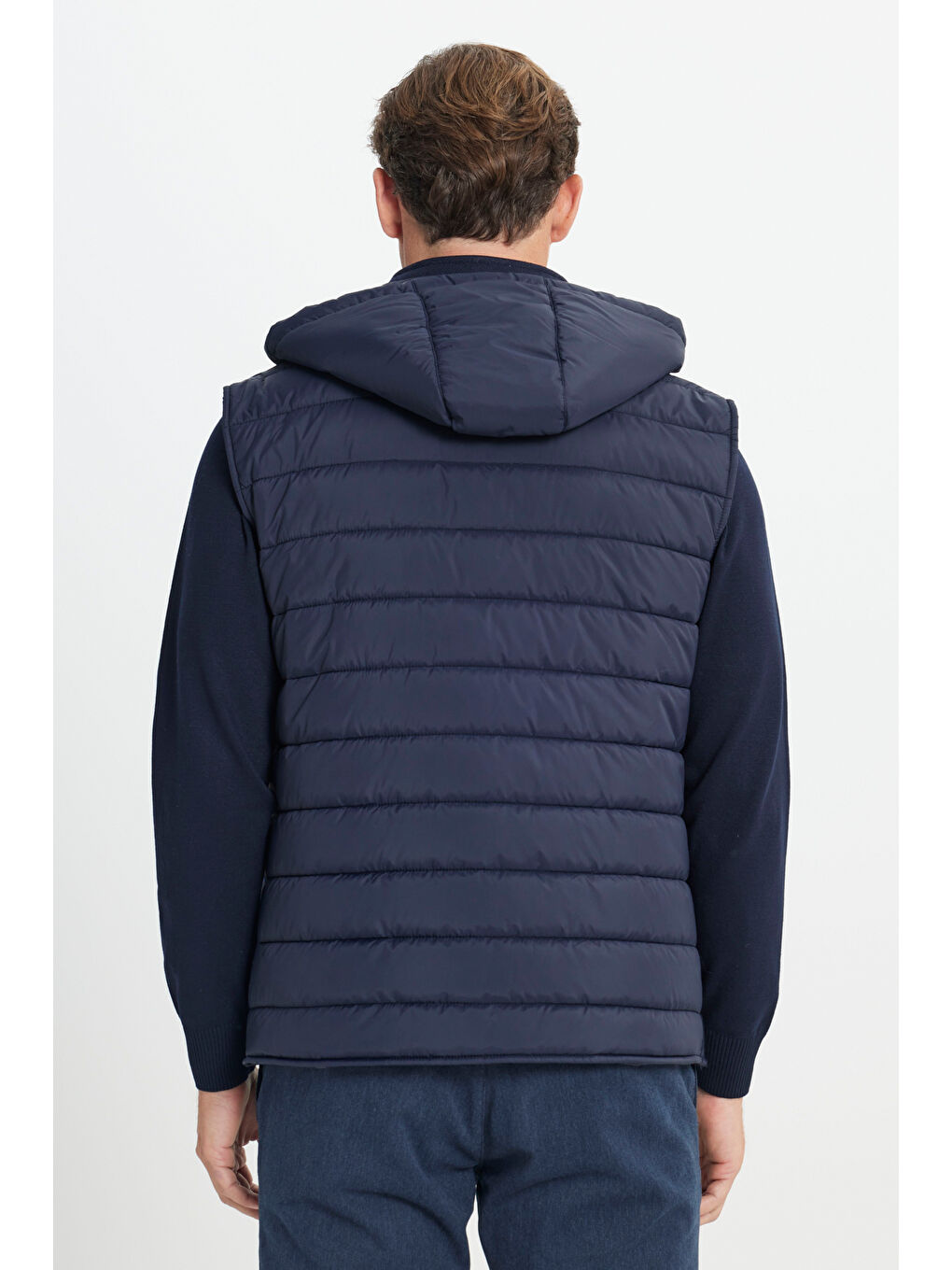 Erkek Lacivert Yünlü Sıcak Tutan Standart Fit Normal Kesim Kapüşonlu Dik Yaka Renk Bloklu Yelek-4