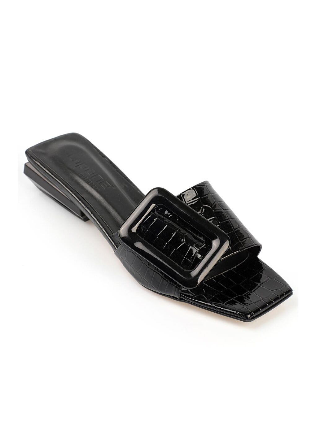 Siyah Kısa Topuklu Tokalı Rugan Kroko Kadın Terlik-3