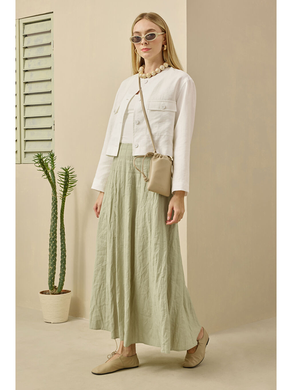 Yeşil Parçalı Keten Etek Açık Adaçayı-1