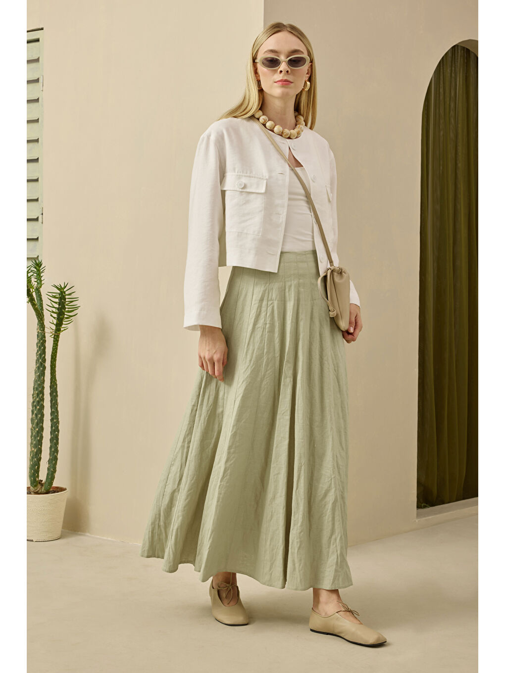 Yeşil Parçalı Keten Etek Açık Adaçayı-2