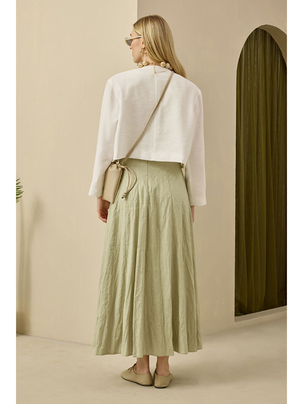 Yeşil Parçalı Keten Etek Açık Adaçayı-3