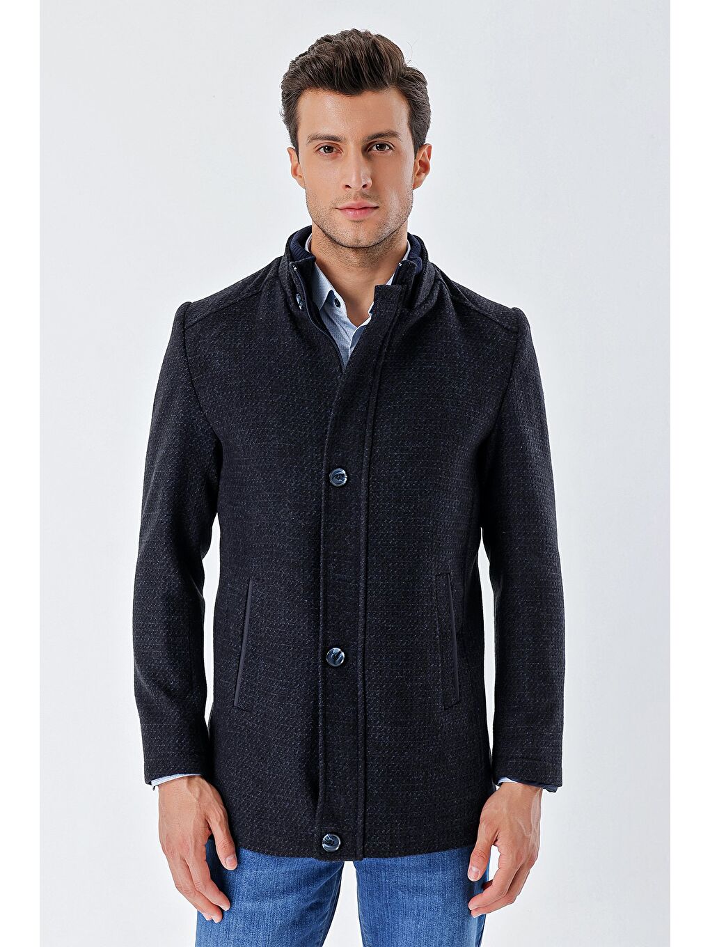 Koyu Lacivert Kaşe Hakim Yaka Desenli Yırtmaçlı Astarlı Slim Fit Dar Kesim Klasik Kaban 1008235151-1