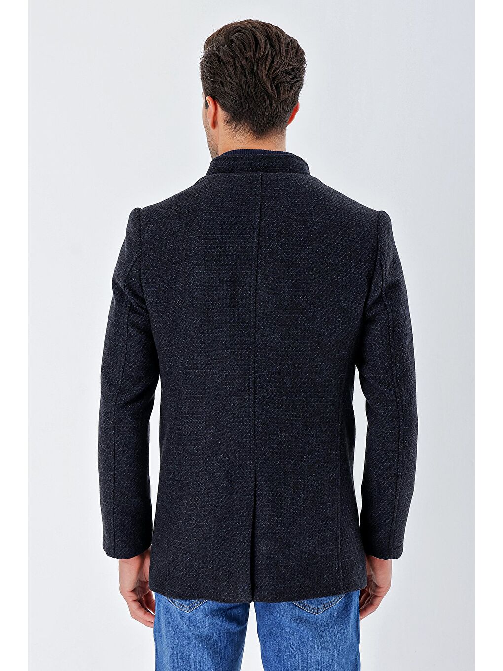 Koyu Lacivert Kaşe Hakim Yaka Desenli Yırtmaçlı Astarlı Slim Fit Dar Kesim Klasik Kaban 1008235151-5