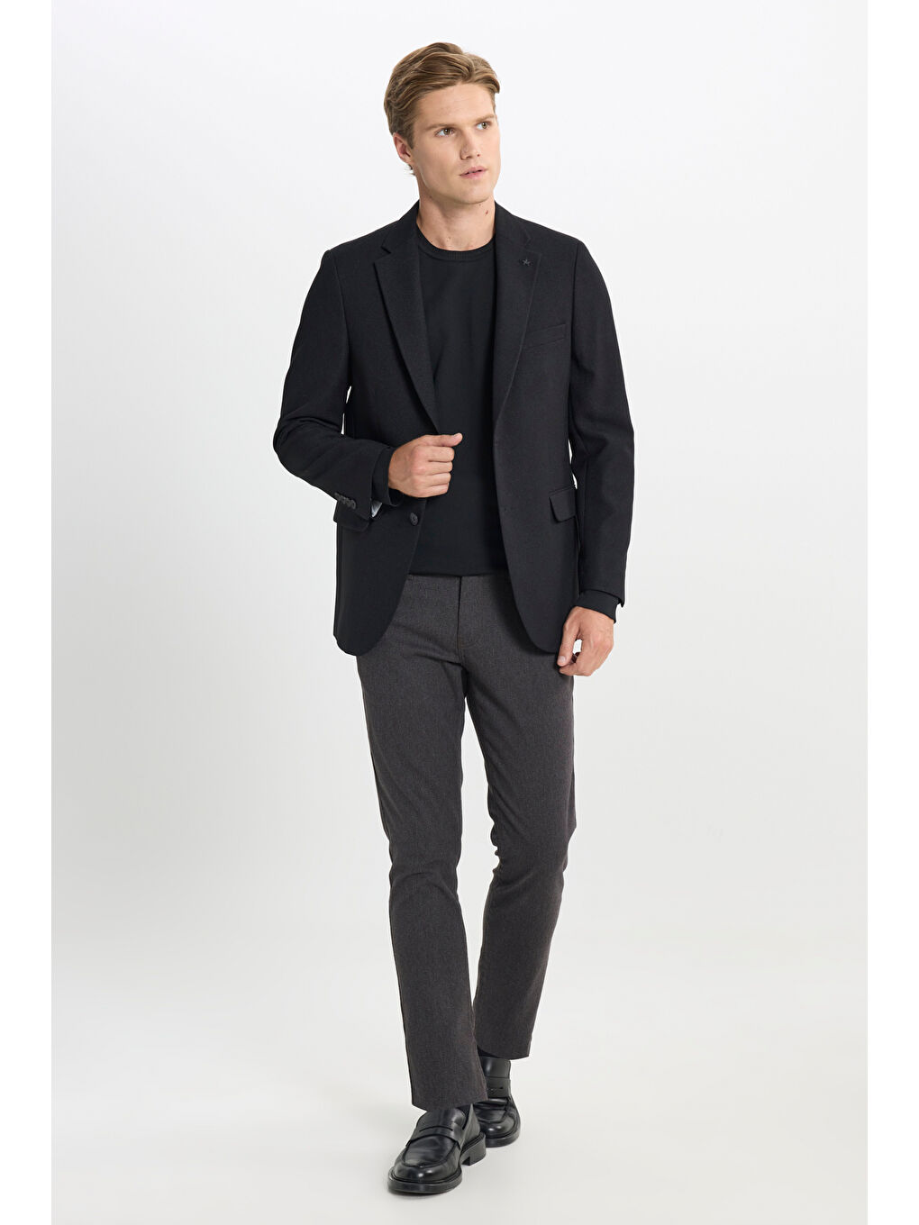 Erkek Siyah Regular Fit Normal Kesim Diagonal Desenli Kapak Cepli Blazer Ceket-1