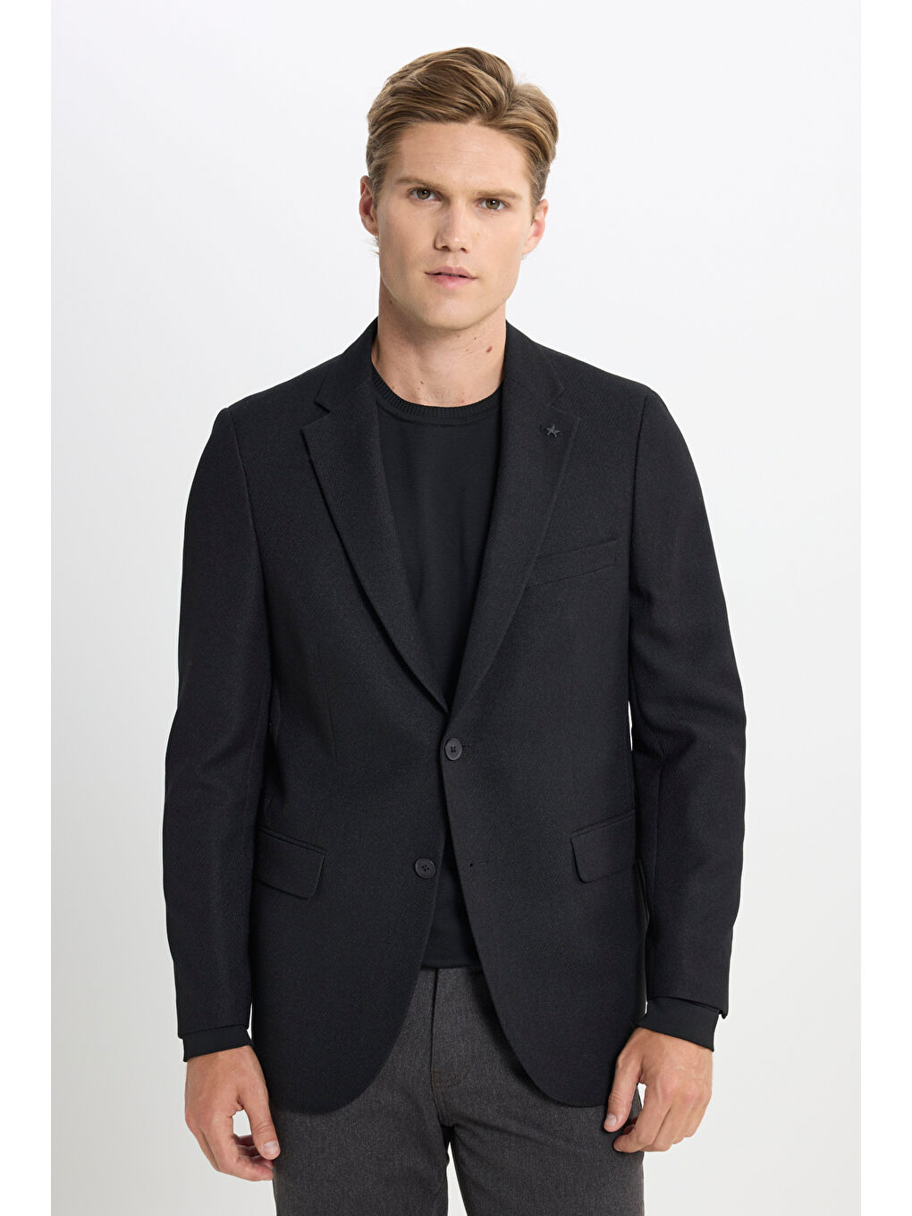 Erkek Siyah Regular Fit Normal Kesim Diagonal Desenli Kapak Cepli Blazer Ceket-3