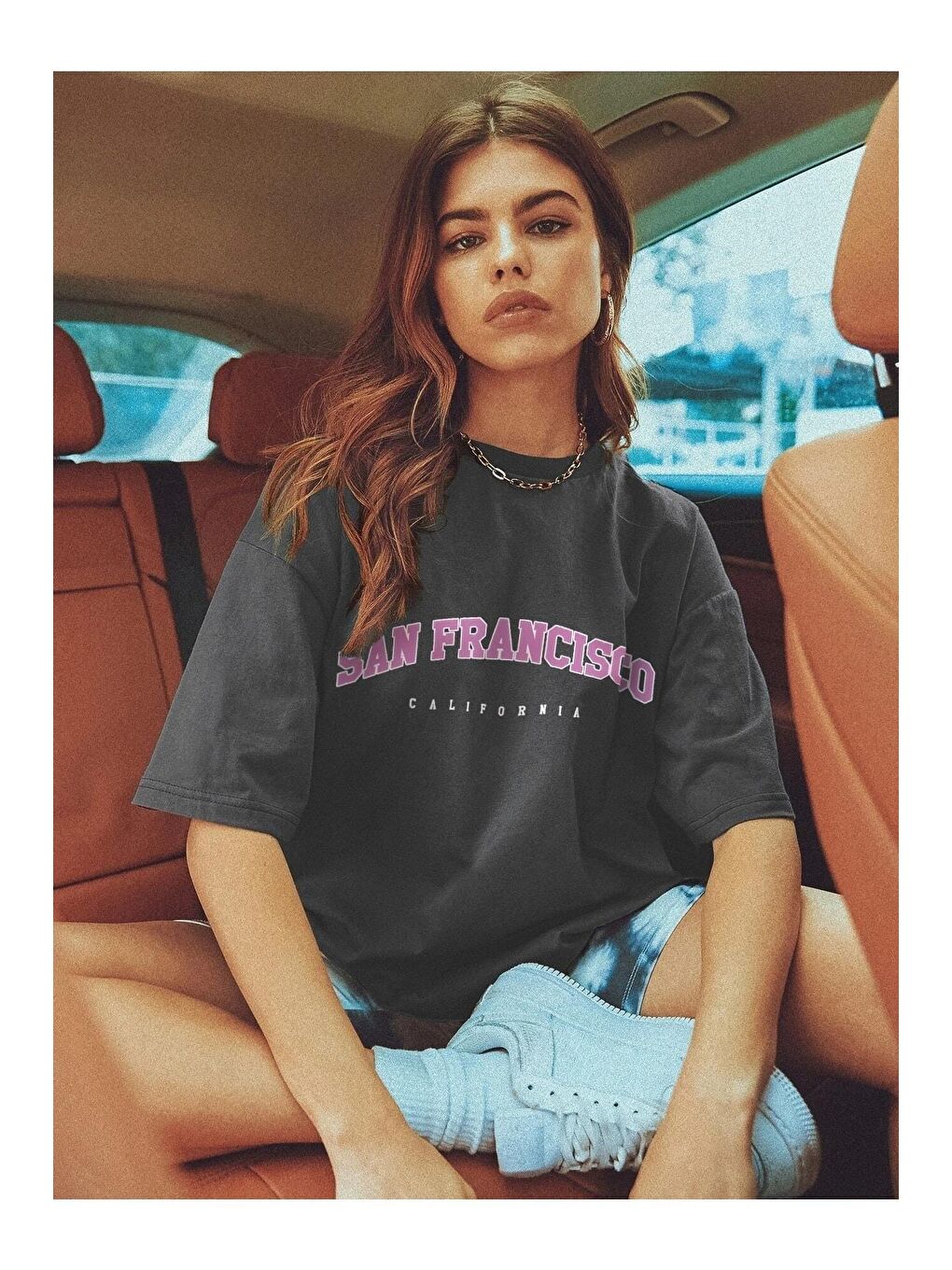 Gri Kadın Füme Filtreli San Francisco Baskılı Oversize Tişört