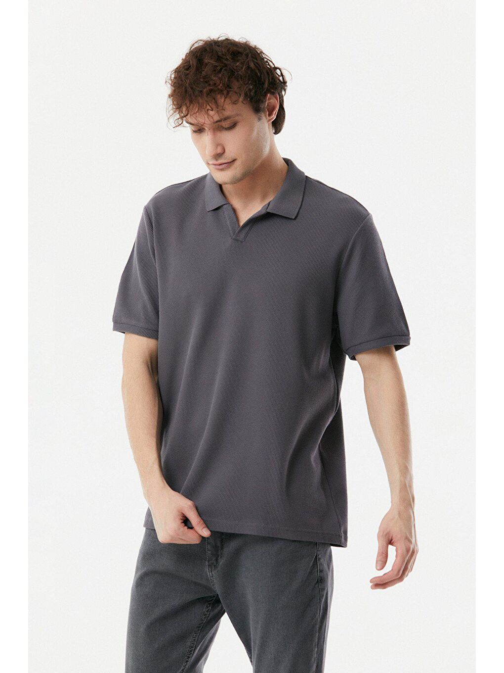 Gri Waffle Polo Yaka Tişört