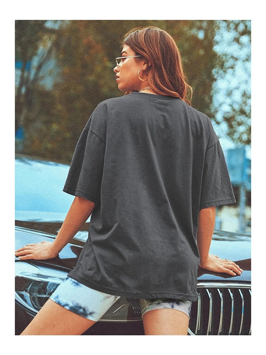 Gri Kadın Füme Filtreli San Francisco Baskılı Oversize Tişört-1