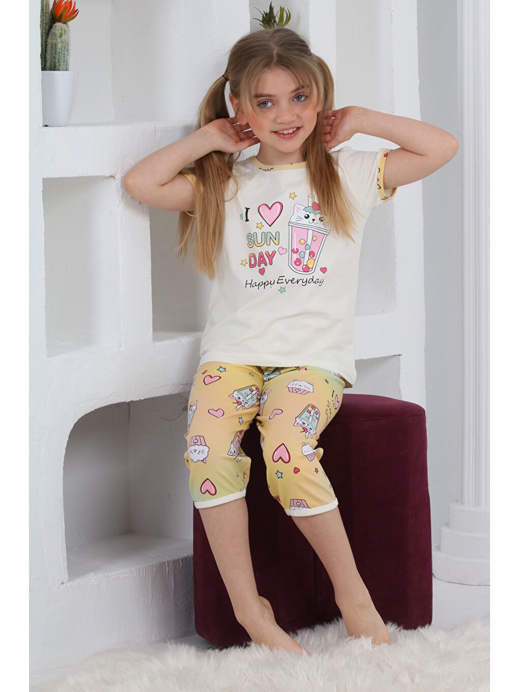 Kapi Kids Ekru Kız Çocuk Kaprili-Baskılı Pijama Takımı 3-11 Yaş Mnx 6083-84 - 1