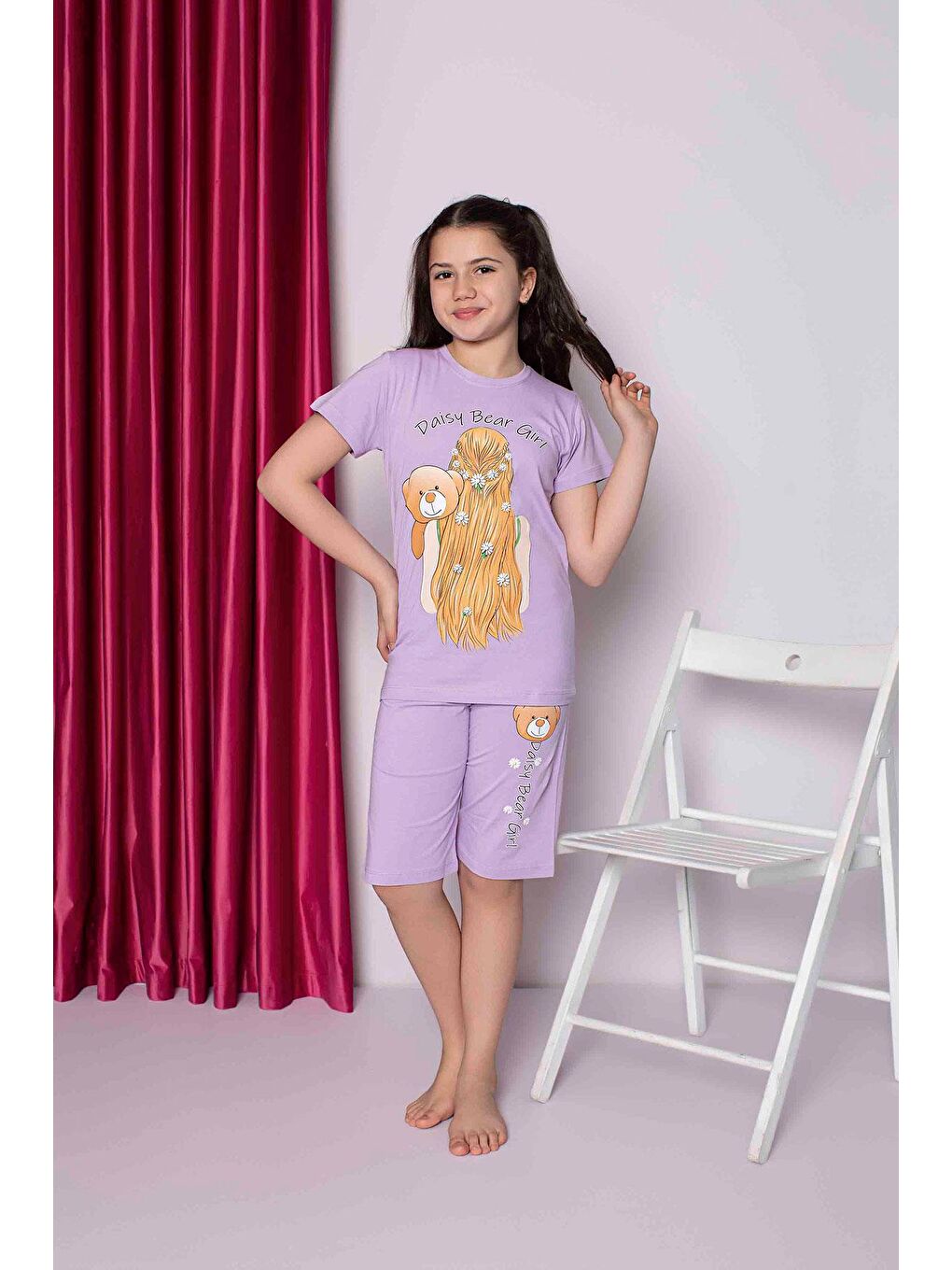 Kız Çocuk Penye Kısa Kollu Kaprili Pijama Takımı | Lila 2664