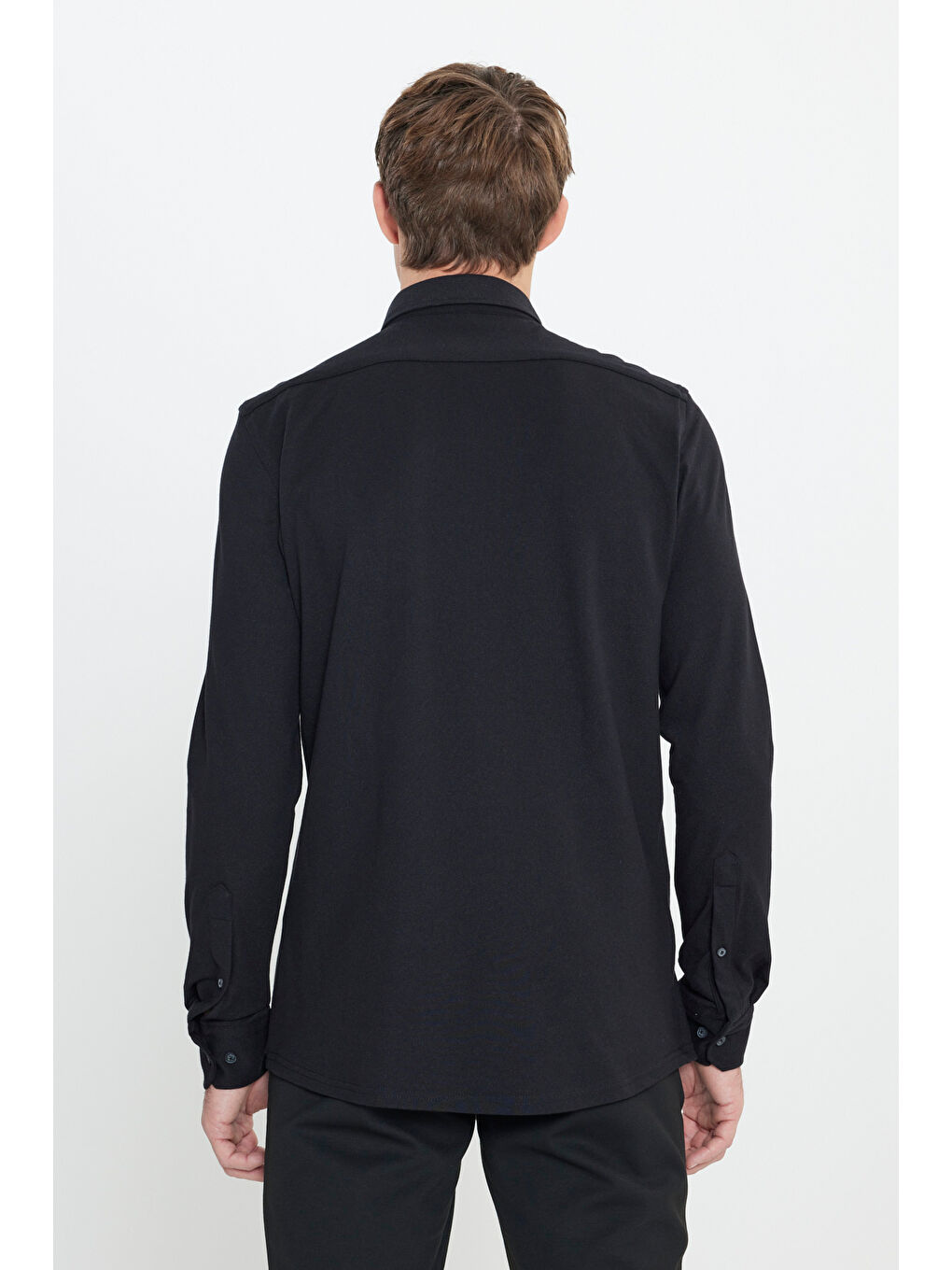 Erkek Siyah Pamuklu Örme Slim Fit Dar Kesim Düğmeli Yaka Gömlek-4