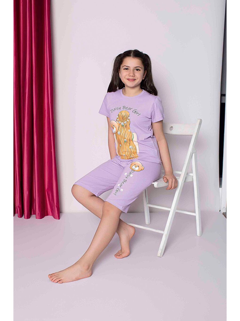 Kız Çocuk Penye Kısa Kollu Kaprili Pijama Takımı | Lila 2664-1